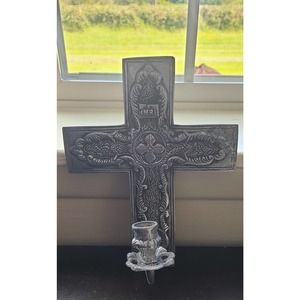 Silver Pewter Decorative Cross Candle holder Wall Hanging Art 10 x 8" Religious